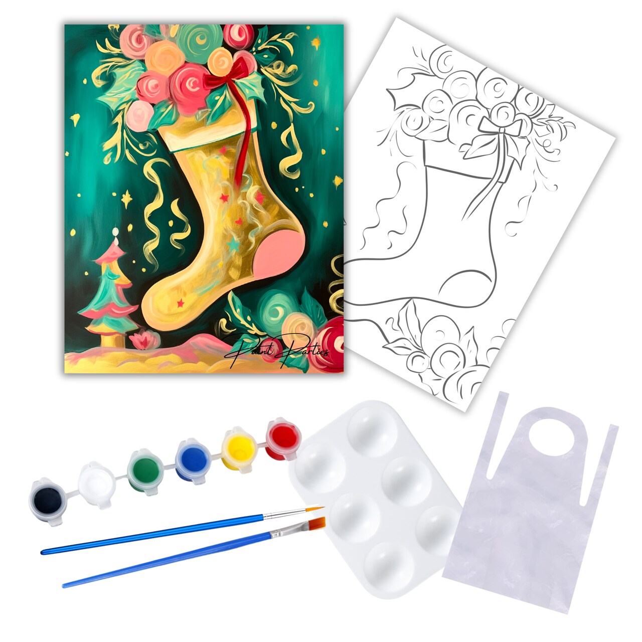 "Whimsical Stocking" DIY Canvas Art Kit, Adult Beginner, Acrylic Paint Size 11x14 inch